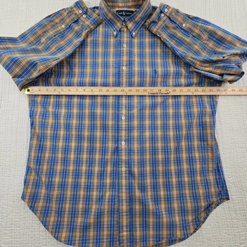 Ralph Lauren Classic Fit Shirt Men's 17 1/2 - 34/35 Blue Orange Plaid EUC Luxe‎